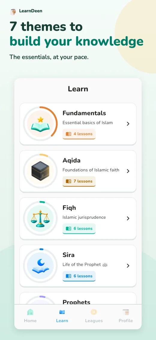 The 7 themes: Fundamentals, Aqida, Fiqh, Sira…